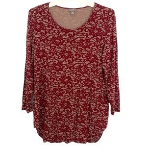 J. Jill Wearever Collection Red Lace Print Long-sleeved Stretch Top